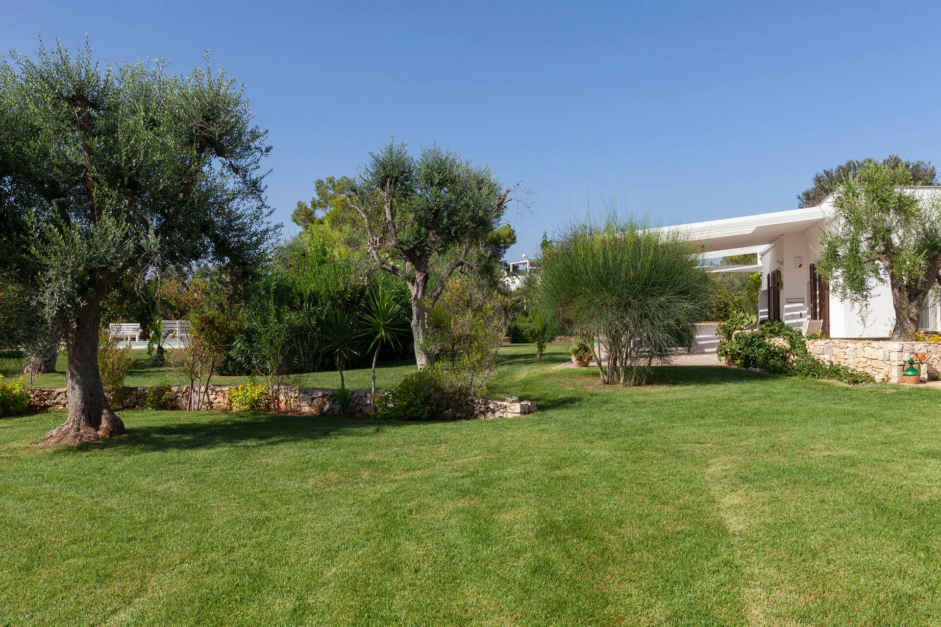 A lush green lawn with neatly trimmed grass is bordered by stone flower beds, trees, and shrubbery. On the right, a modern white luxury villa with pool in Salento partially appears, surrounded by greenery under a clear blue sky. {{brizy_dc_image_alt imageSrc=